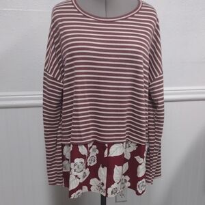 ODDY Burgundy and White Striped Floral Long Sleeve Top Oversized,Bohemian, Boho